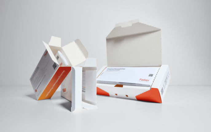 Three combination products from Faller in different versions, consisting of folding cartons and package inserts, presented on a neutral background.