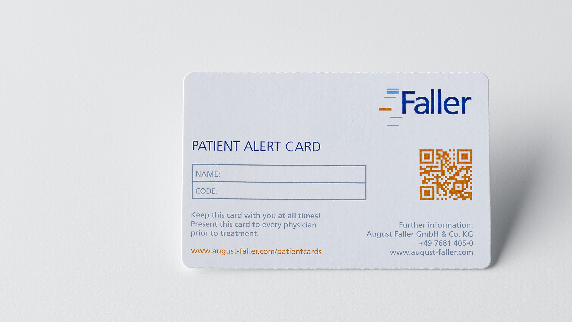 Patient Alert Card fra Faller Packaging – sikker patientkort med QR-kode til hurtig identifikation og dokumentation i den farmaceutiske industri.