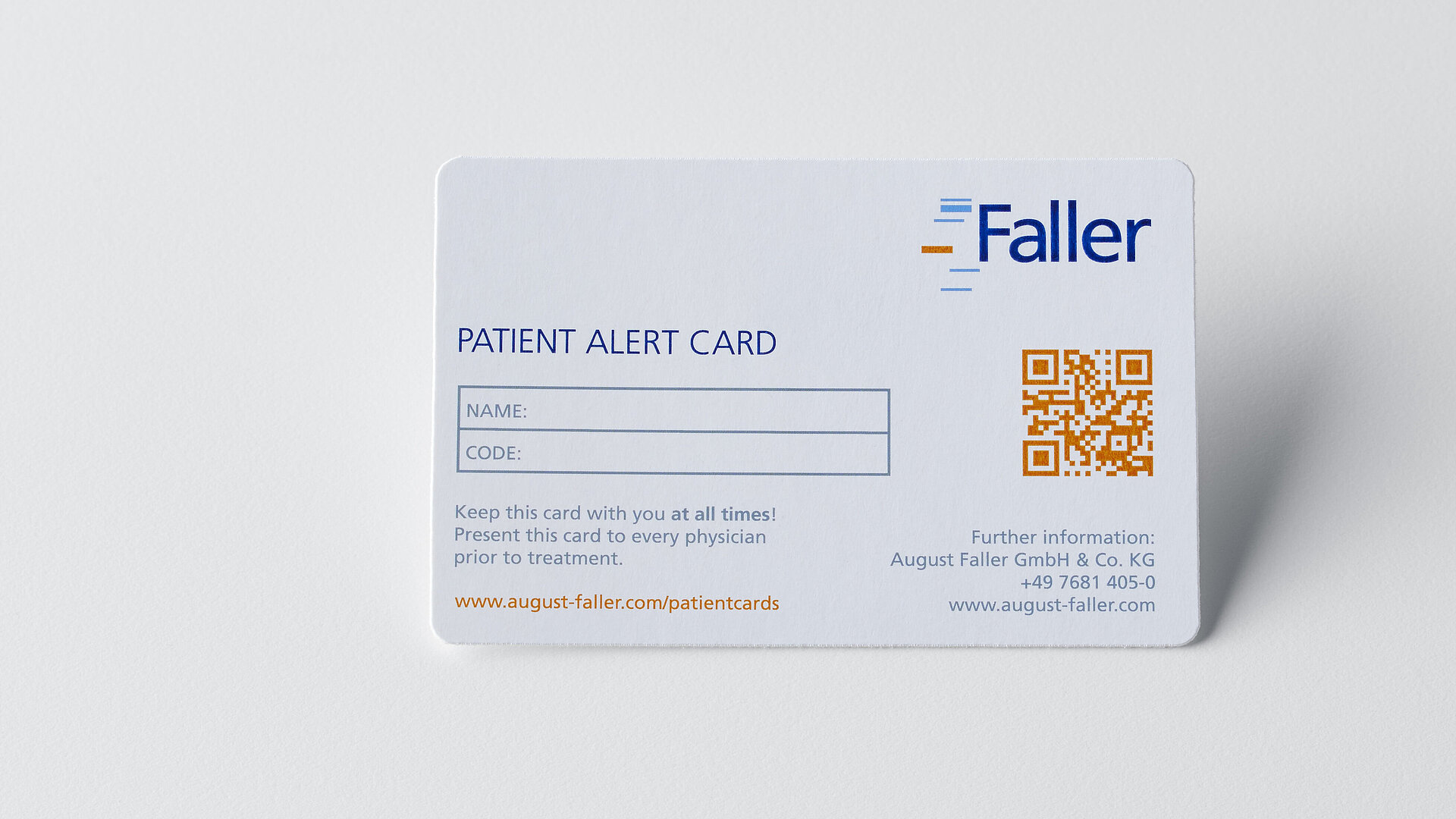 Faller Packaging Patient Alert Card – secure patient card with QR code for quick identification and reliable documentation in the pharmaceutical industry.