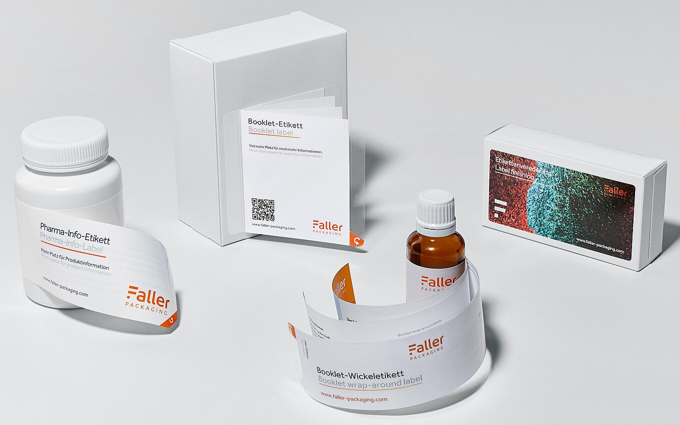 White plastic container with Faller Packaging pharmaceutical label for product information.