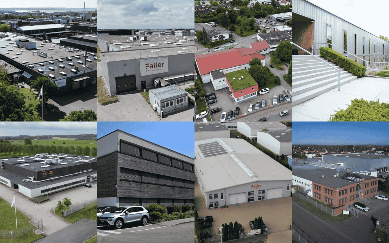 Collage aus acht Außen- und Luftaufnahmen der Produktionsstandorte von Faller Packaging