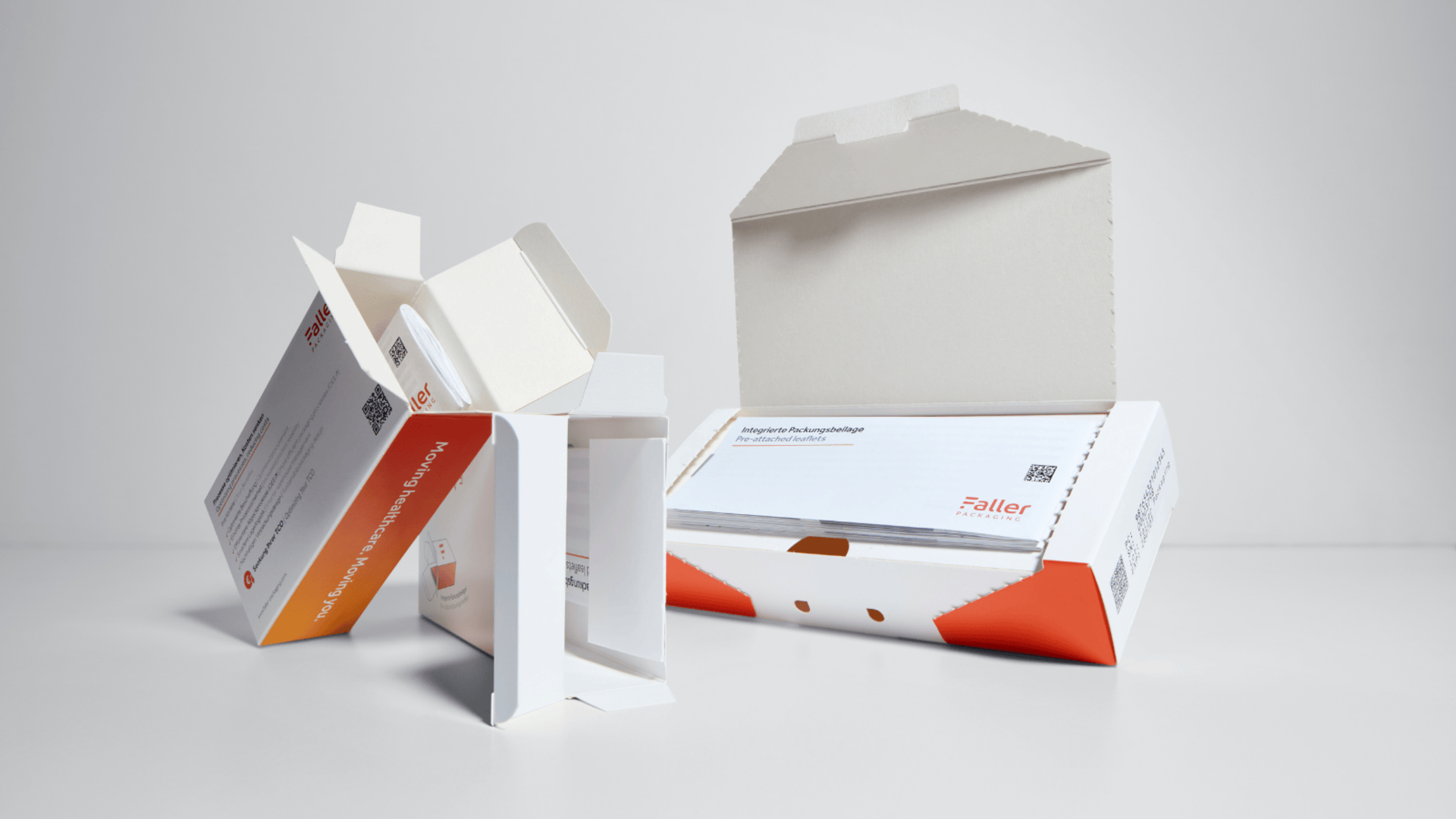 Three combination products from Faller in different versions, consisting of folding cartons and package inserts, presented on a neutral background.