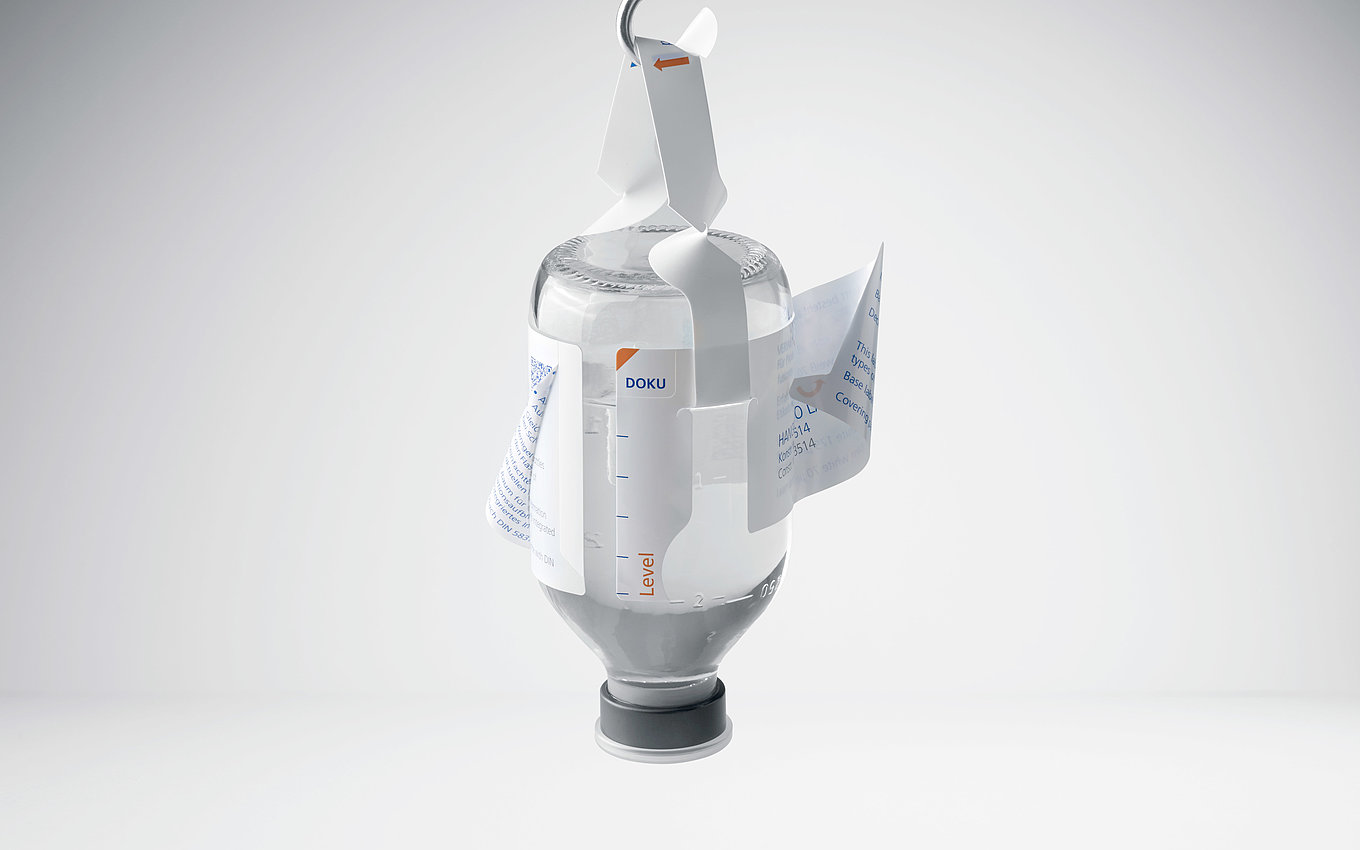 Infusion bottle with multi-layer label for comprehensive product information by Faller Packaging.