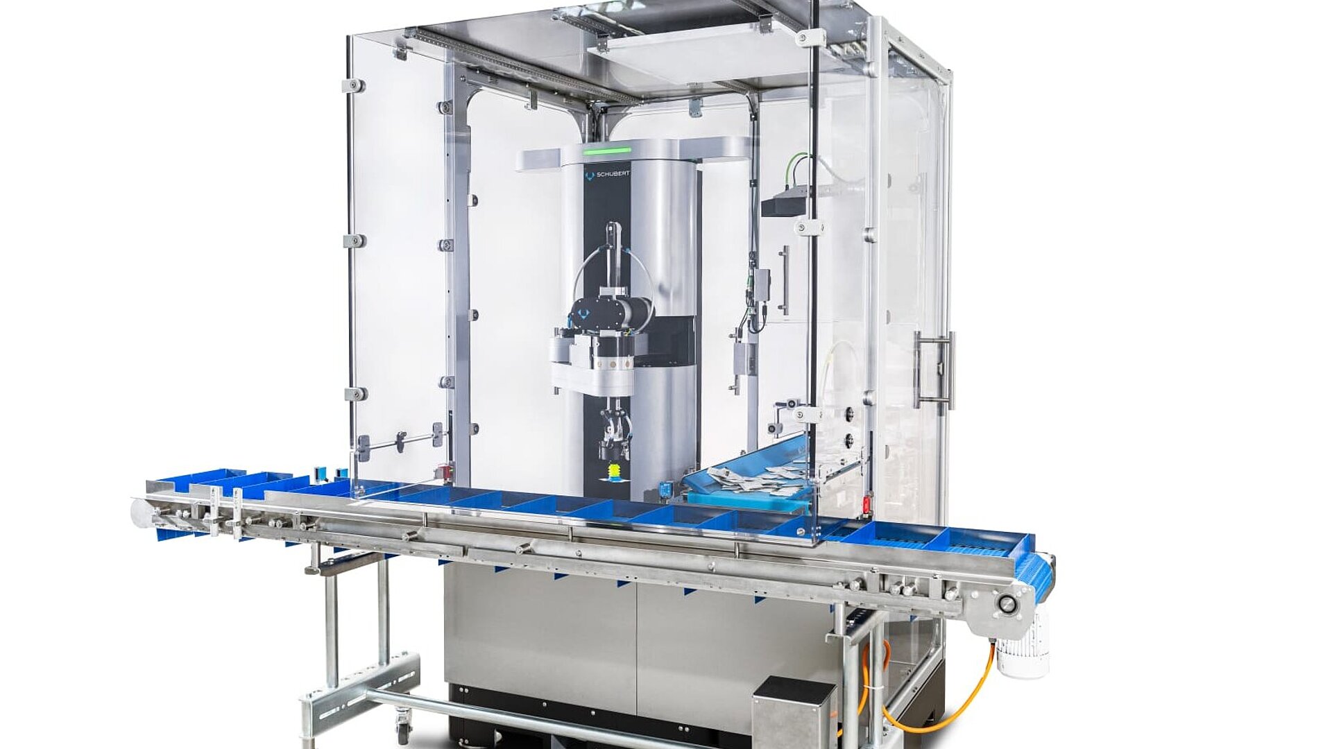 Verpackungsanlage mit Schubert-Modulen. Skalierbare Verpackungslinie von Hand bis TLM für Pharmaprodukte