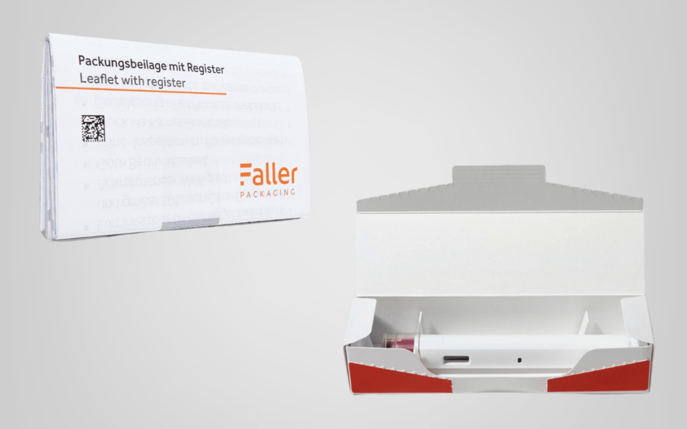 Faltschachtel mit integrierter Packungsbeilage und Register als effiziente Verpackungseinheit für pharmazeutische Produkte.